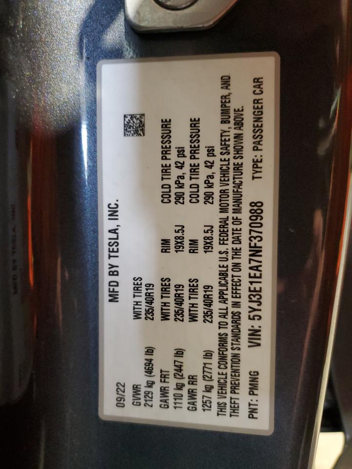 2022 TESLA MODEL 3 VIN:5YJ3E1EA7NF370988