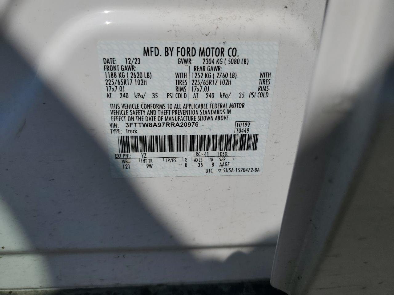 2024 FORD MAVERICK XL VIN:3FTTW8A97RRA20976