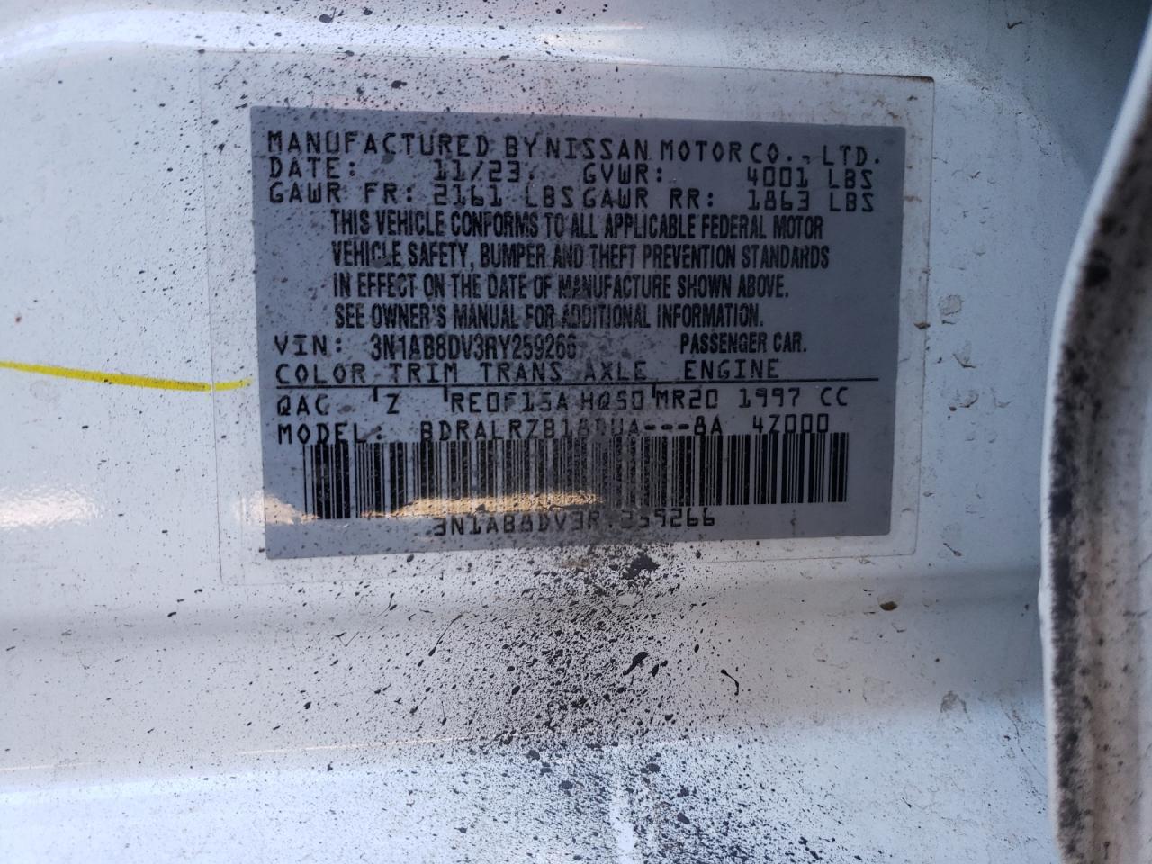 2024 NISSAN SENTRA SR VIN:3N1AB8DV3RY259266
