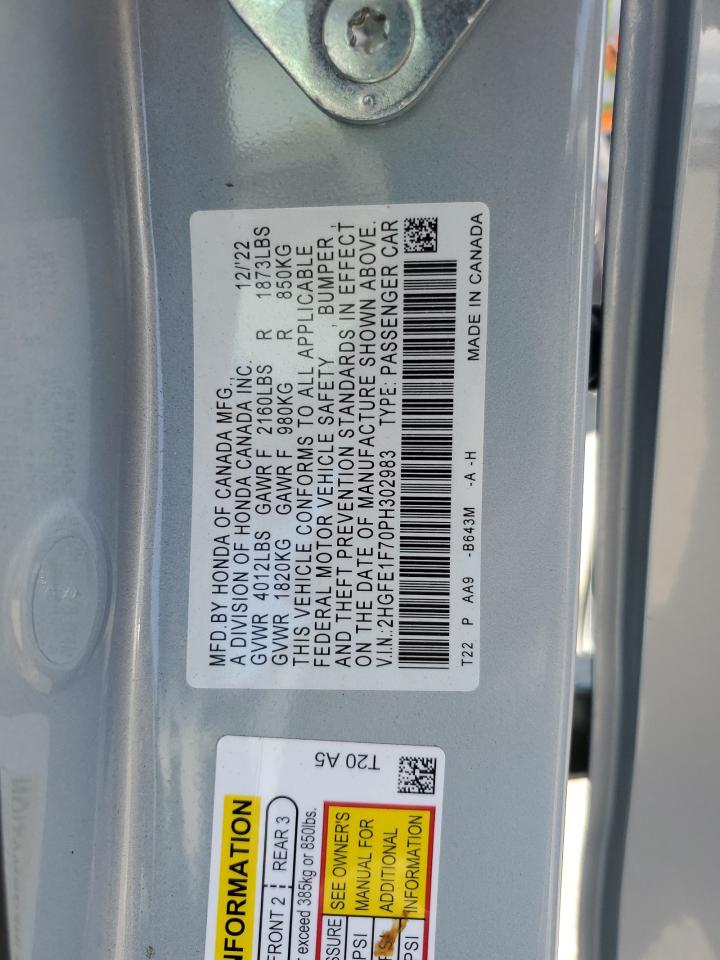 2023 HONDA CIVIC EX VIN:2HGFE1F70PH302983