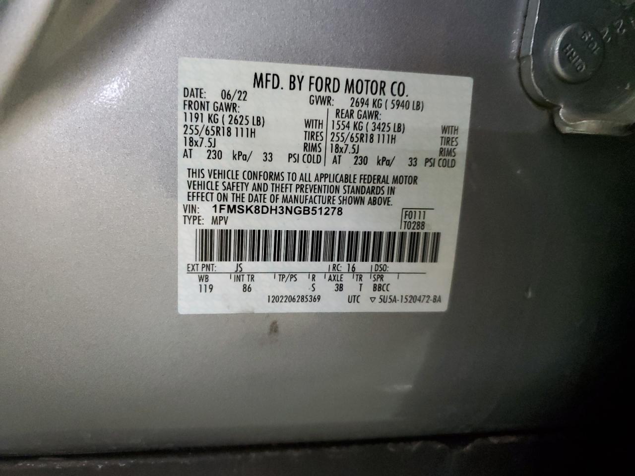 2022 FORD EXPLORER XLT VIN:1FMSK8DH3NGB51278
