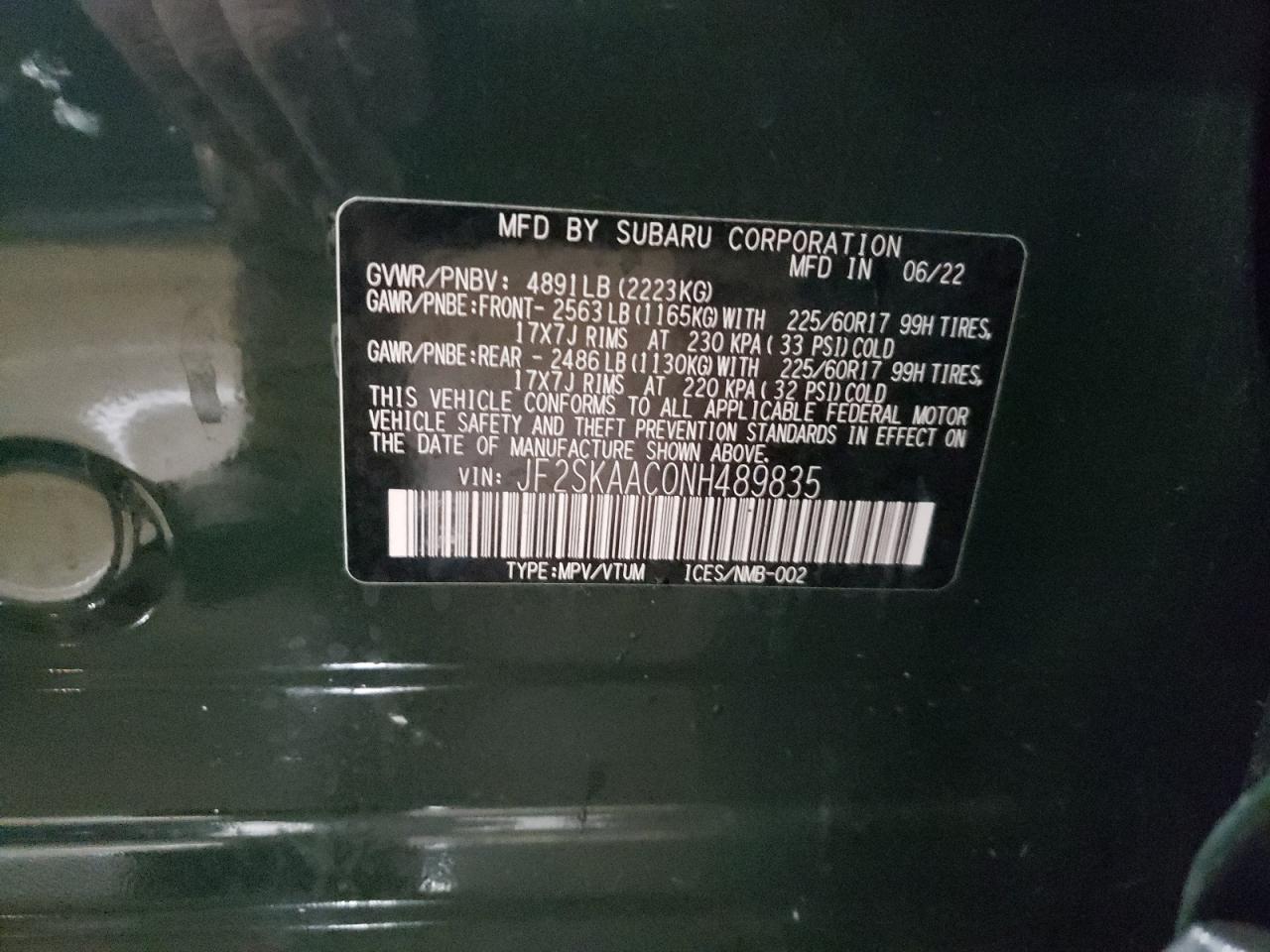 2022 SUBARU FORESTER VIN:JF2SKAAC0NH489835