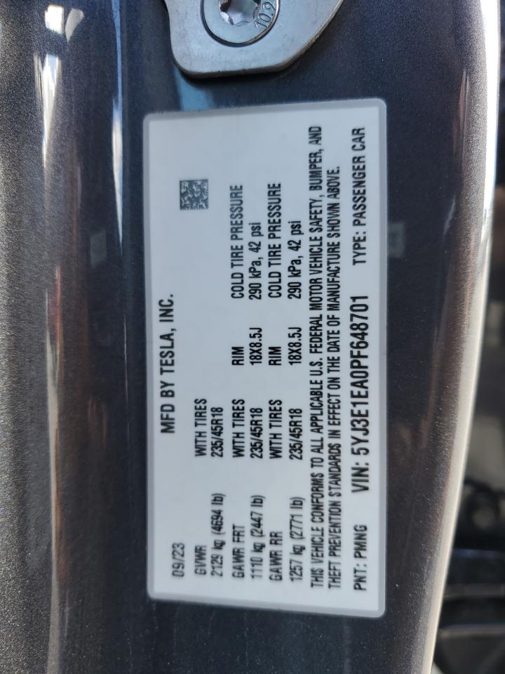 2023 TESLA MODEL 3 VIN:5YJ3E1EA0PF648701