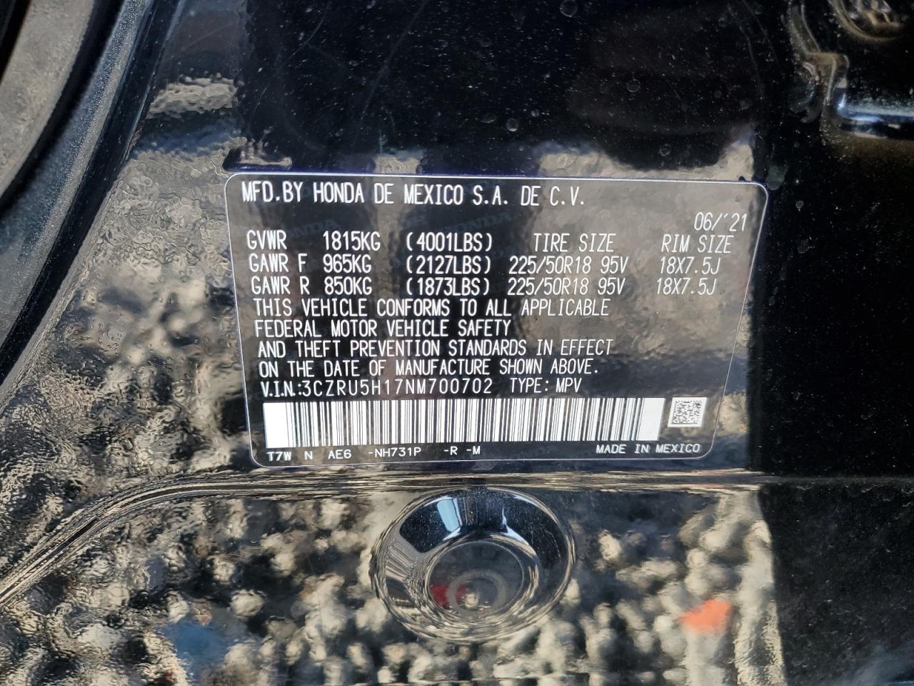 2022 HONDA HR-V SPORT VIN:3CZRU5H17NM700702