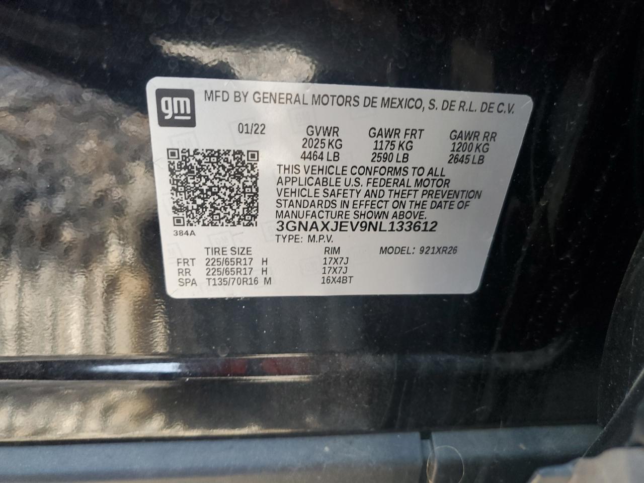 2022 CHEVROLET EQUINOX LT VIN:3GNAXJEV9NL133612