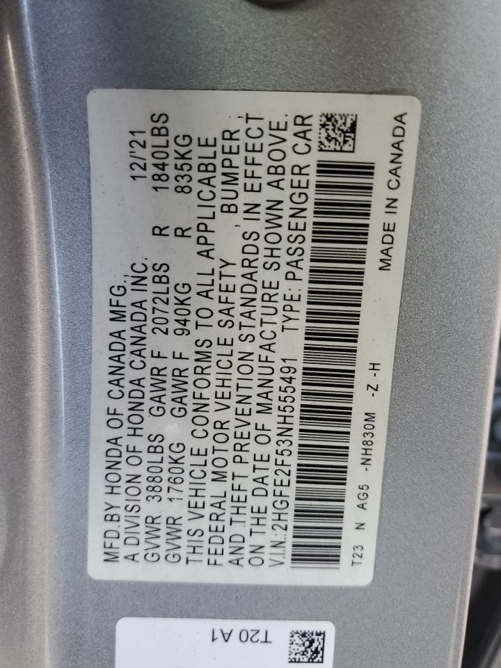 2022 HONDA CIVIC SPORT VIN:2HGFE2F53NH555491