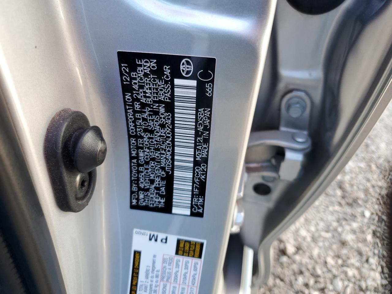 2022 TOYOTA COROLLA SE VIN:JTDS4MCE0NJ092403