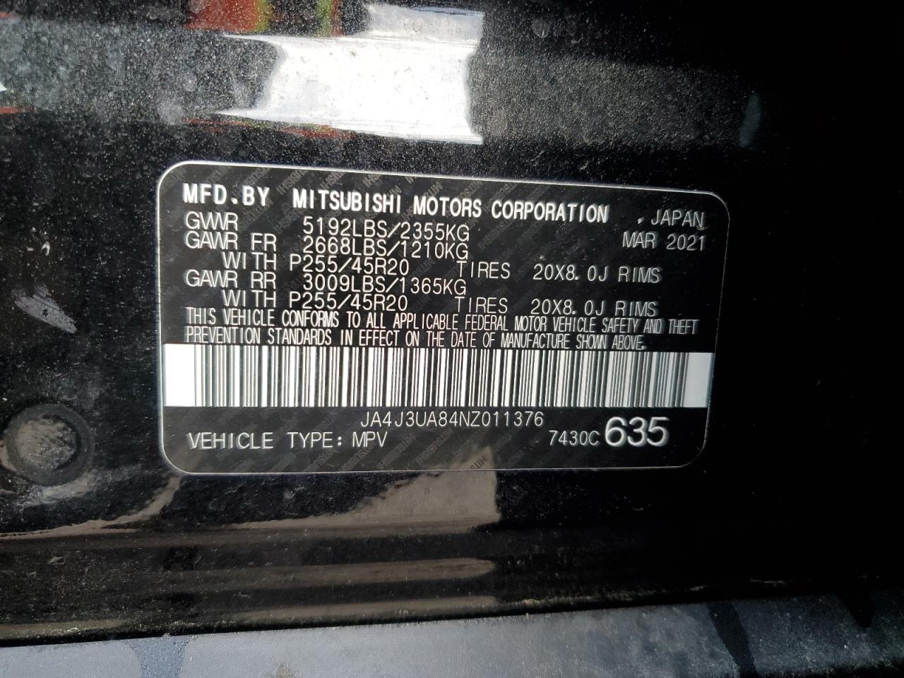 2022 MITSUBISHI OUTLANDER SE VIN:JA4J3UA84NZ011376