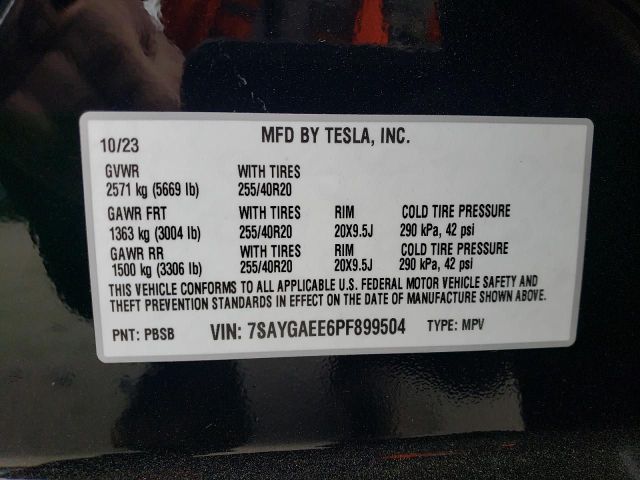 2023 TESLA MODEL Y VIN:7SAYGAEE6PF899504
