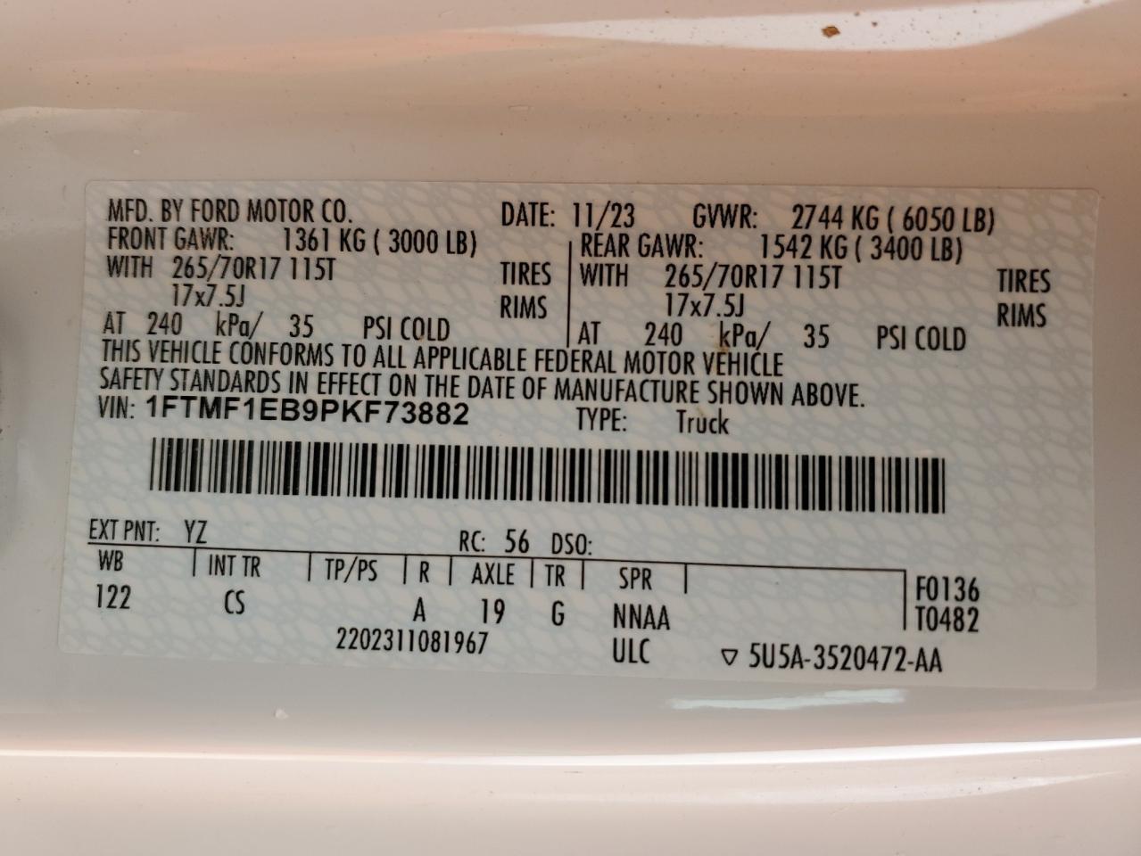 2023 FORD F150 VIN:1FTMF1EB9PKF73882