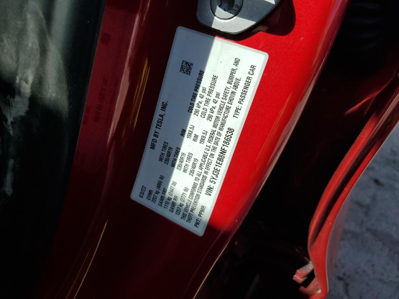 2022 TESLA MODEL 3 VIN:5YJ3E1EB8NF186538