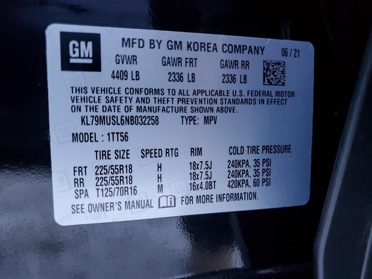 2022 CHEVROLET TRAILBLAZER RS VIN:KL79MUSL6NB032258