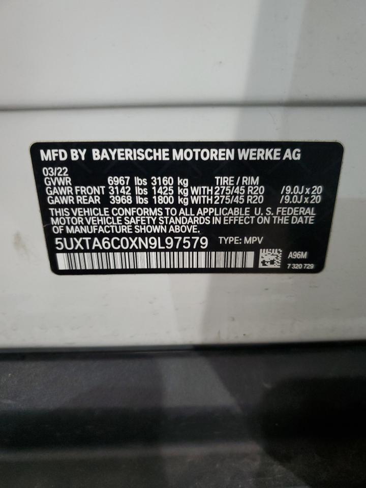 2022 BMW X5 XDRIVE45E VIN:5UXTA6C0XN9L97579
