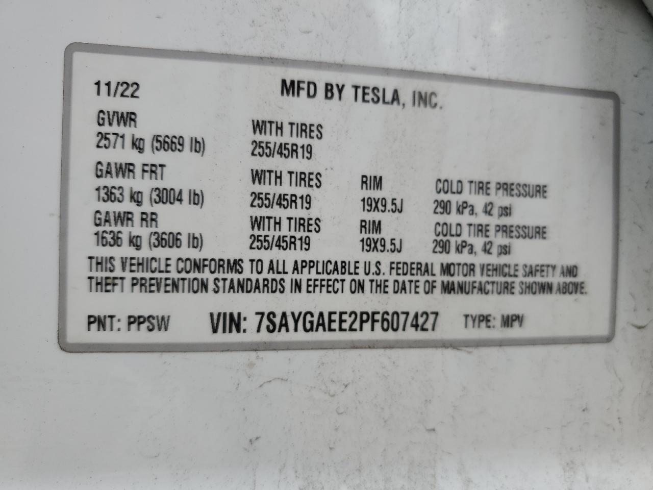 2023 TESLA MODEL Y VIN:7SAYGAEE2PF607427