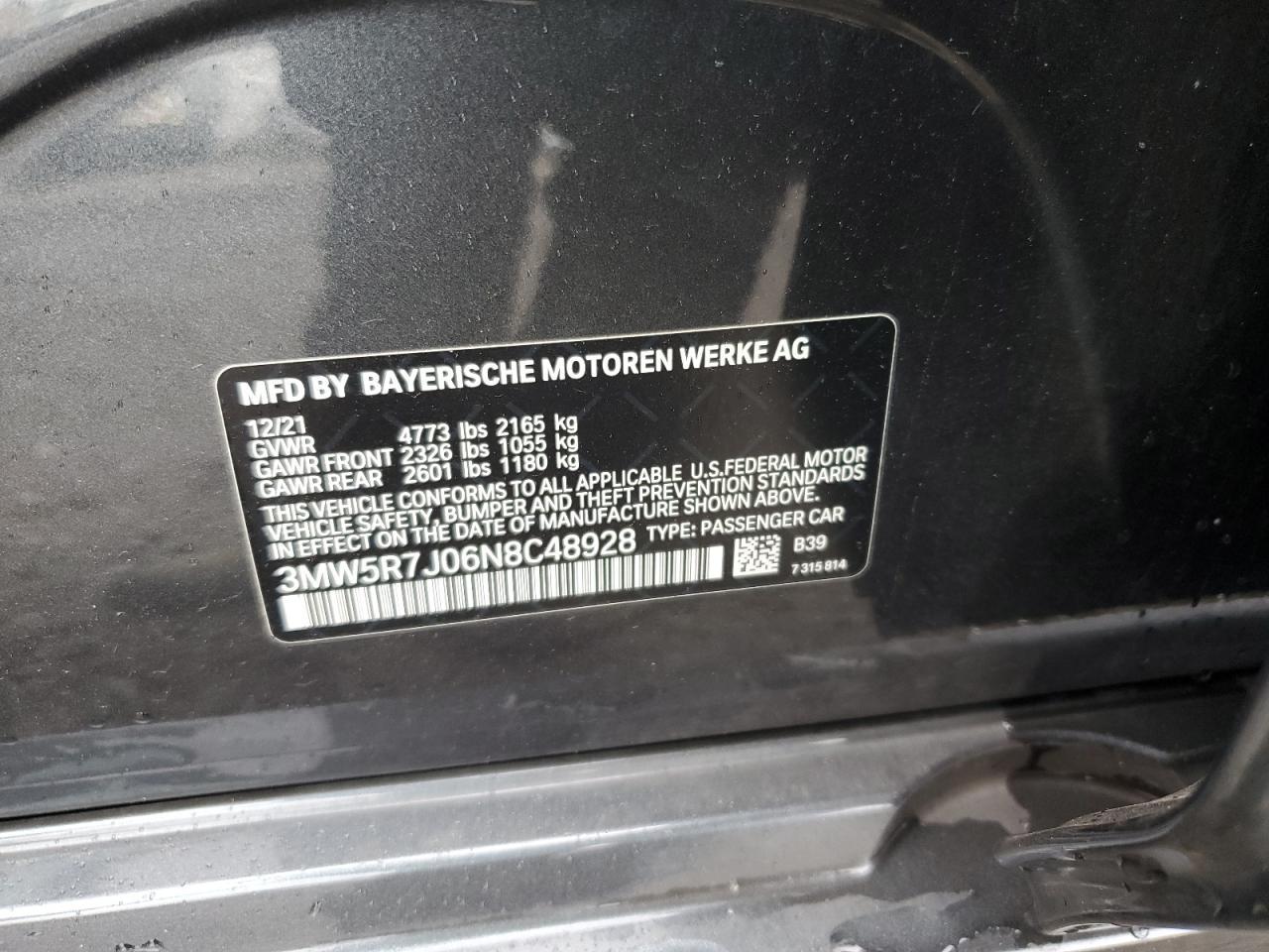 2022 BMW 330XI VIN:3MW5R7J06N8C48928