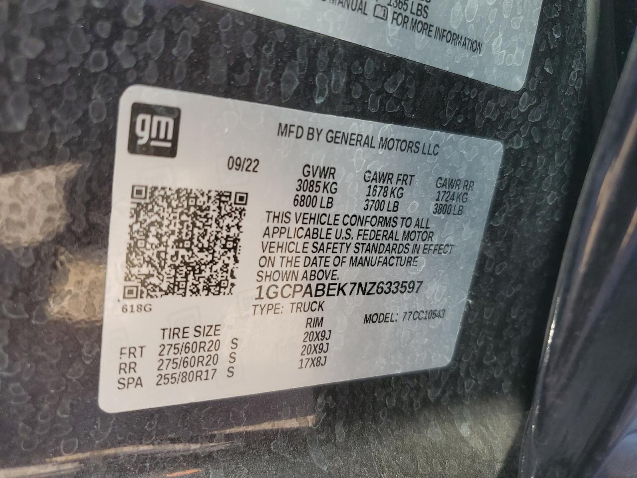 2022 CHEVROLET SILVERADO C1500 CUSTOM VIN:1GCPABEK7NZ633597