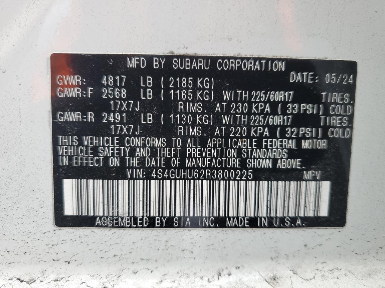 2024 SUBARU CROSSTREK WILDERNESS VIN:4S4GUHU62R3800225