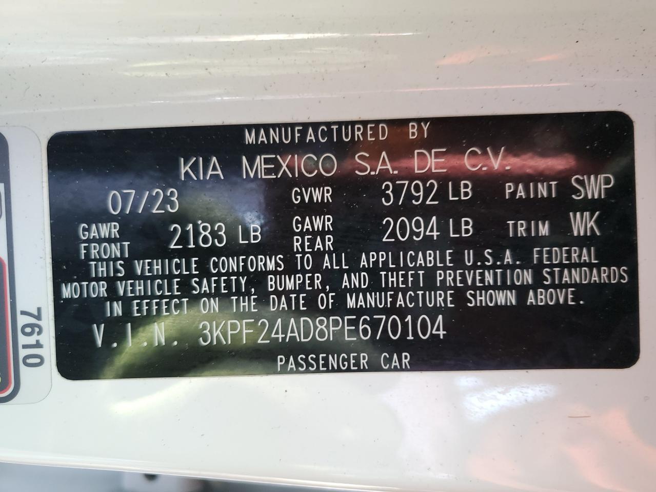 2023 KIA FORTE LX VIN:3KPF24AD8PE670104
