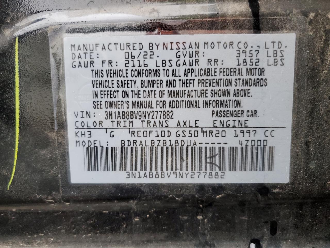 2022 NISSAN SENTRA S VIN:3N1AB8BV9NY277882
