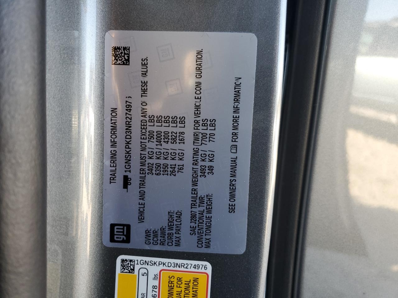 2022 CHEVROLET TAHOE K1500 Z71 VIN:1GNSKPKD3NR274976