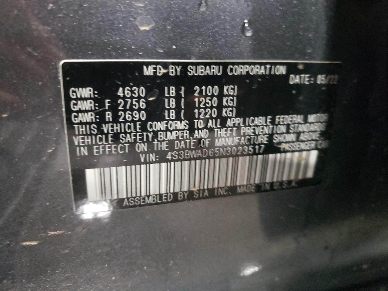 2022 SUBARU LEGACY PREMIUM VIN:4S3BWAD65N3023517