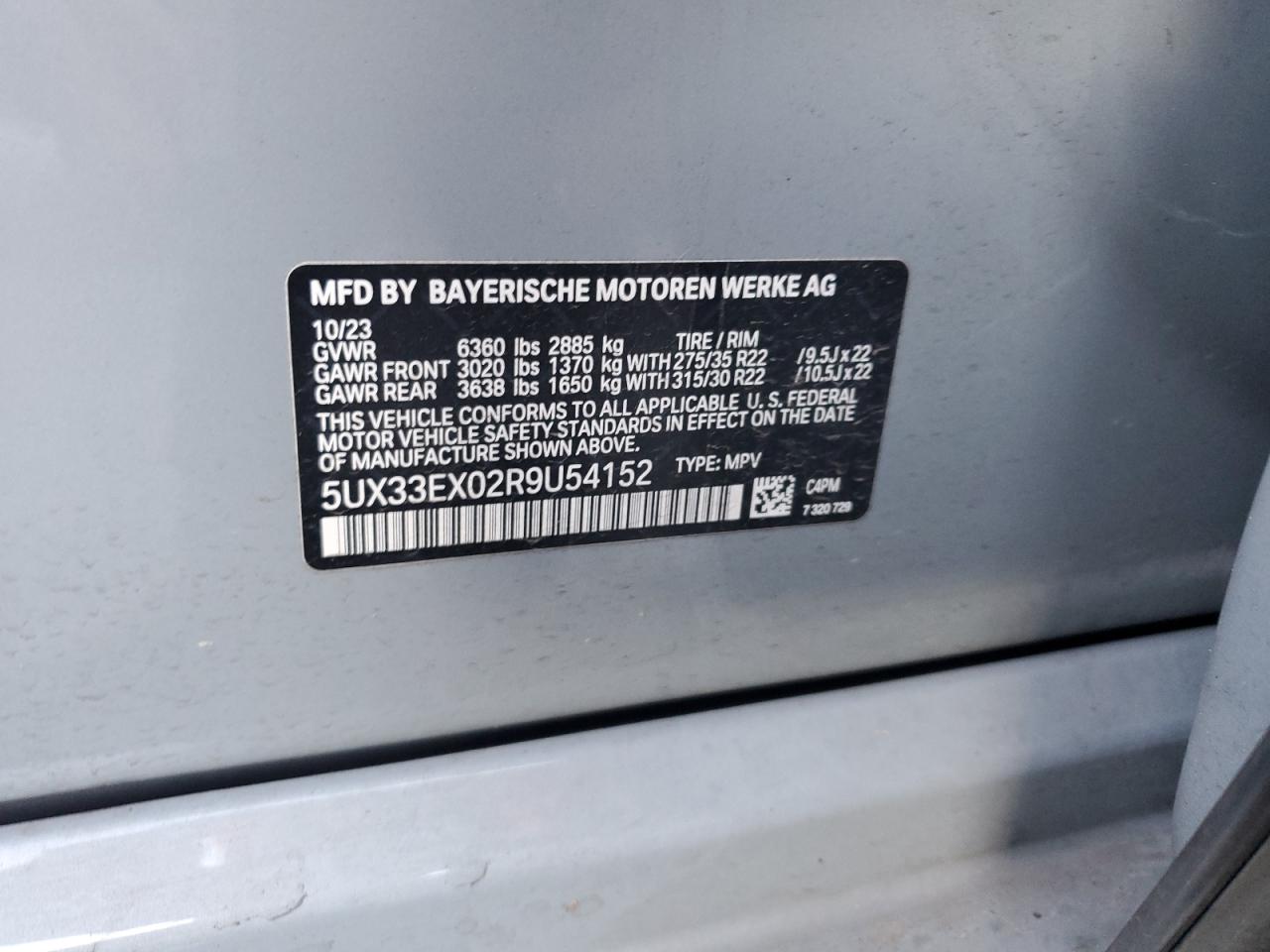 2024 BMW X6 XDRIVE40I VIN:5UX33EX02R9U54152