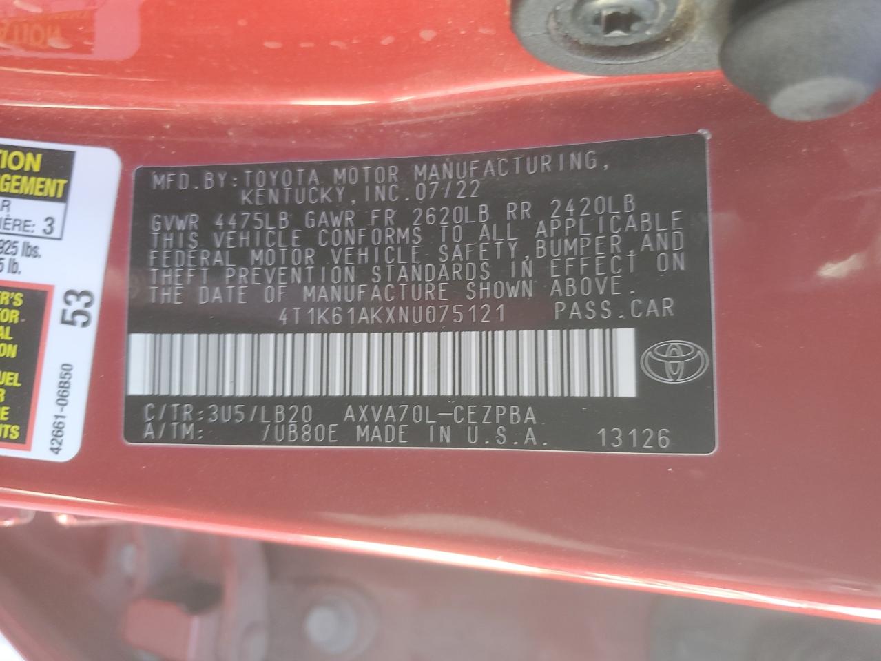 2022 TOYOTA CAMRY XSE VIN:4T1K61AKXNU075121