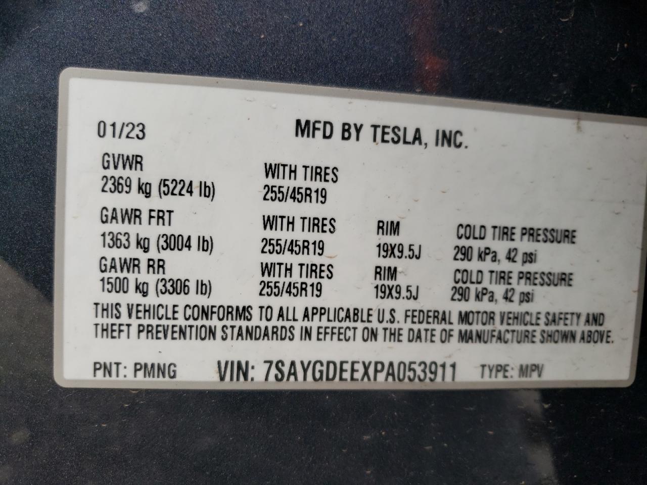 2023 TESLA MODEL Y VIN:7SAYGDEEXPA053911