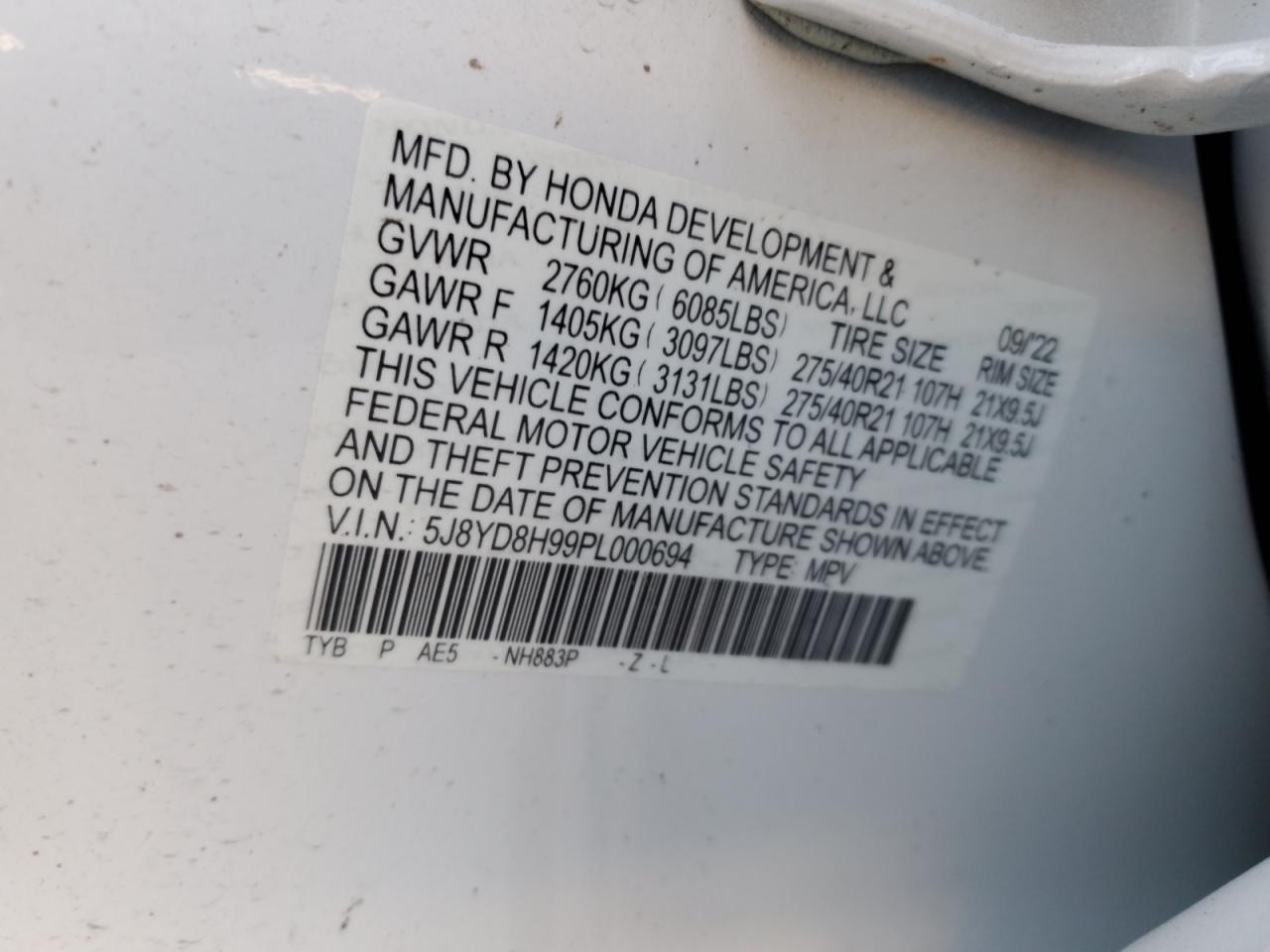 2023 ACURA MDX TYPE S VIN:5J8YD8H99PL000694