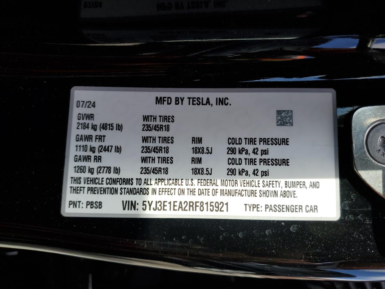 2024 TESLA MODEL 3 VIN:5YJ3E1EA2RF815921