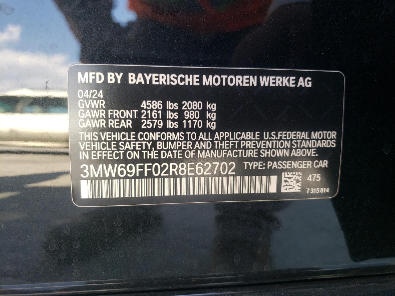 2024 BMW 330I VIN:3MW69FF02R8E62702