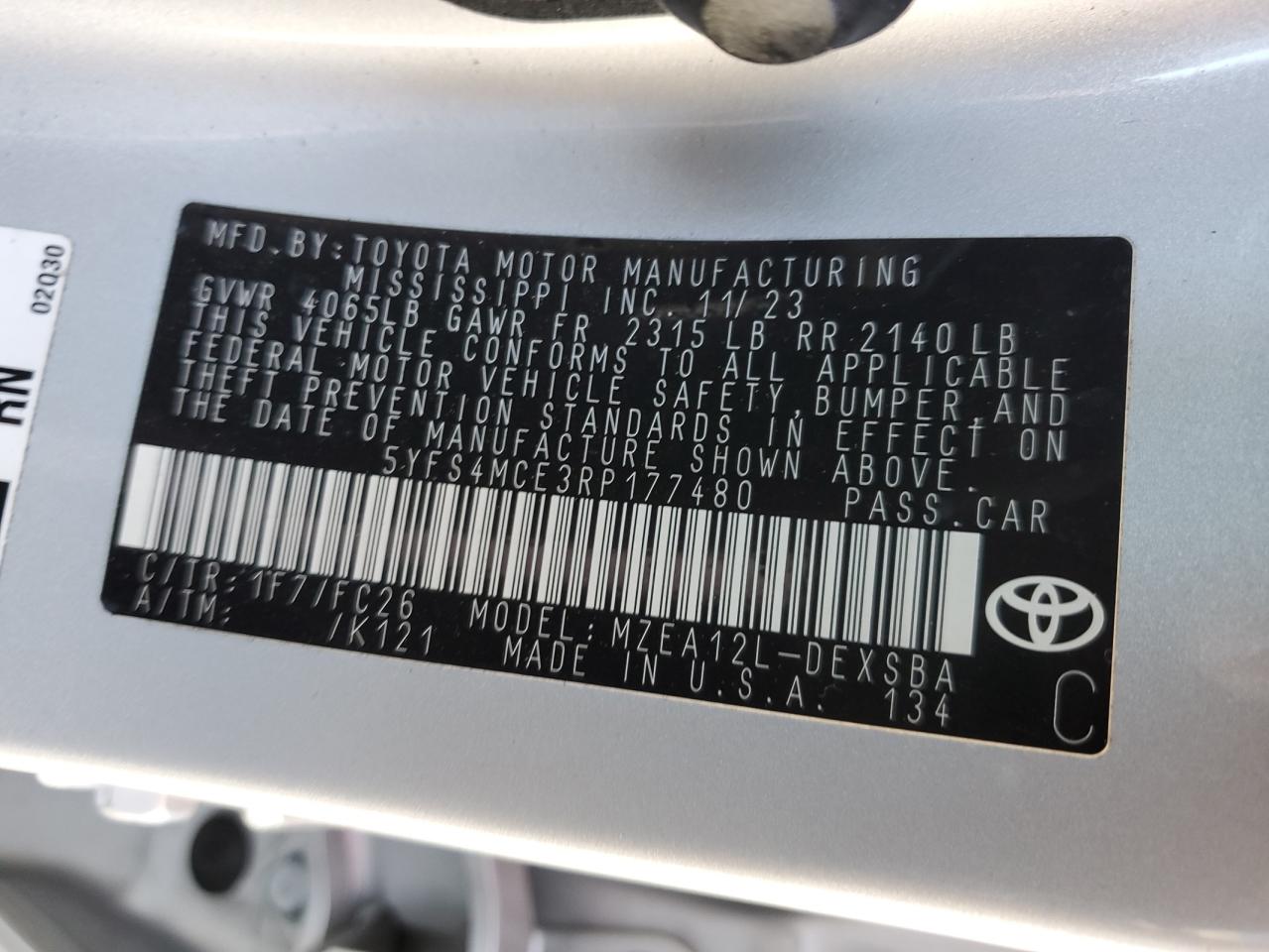 2024 TOYOTA COROLLA SE VIN:5YFS4MCE3RP177480