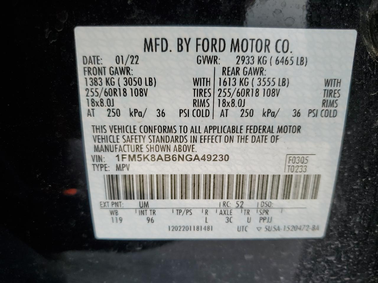 2022 FORD EXPLORER POLICE INTERCEPTOR VIN:1FM5K8AB6NGA49230