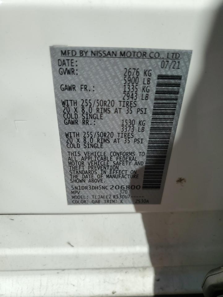 2022 NISSAN PATHFINDER PLATINUM VIN:5N1DR3DH5NC206800