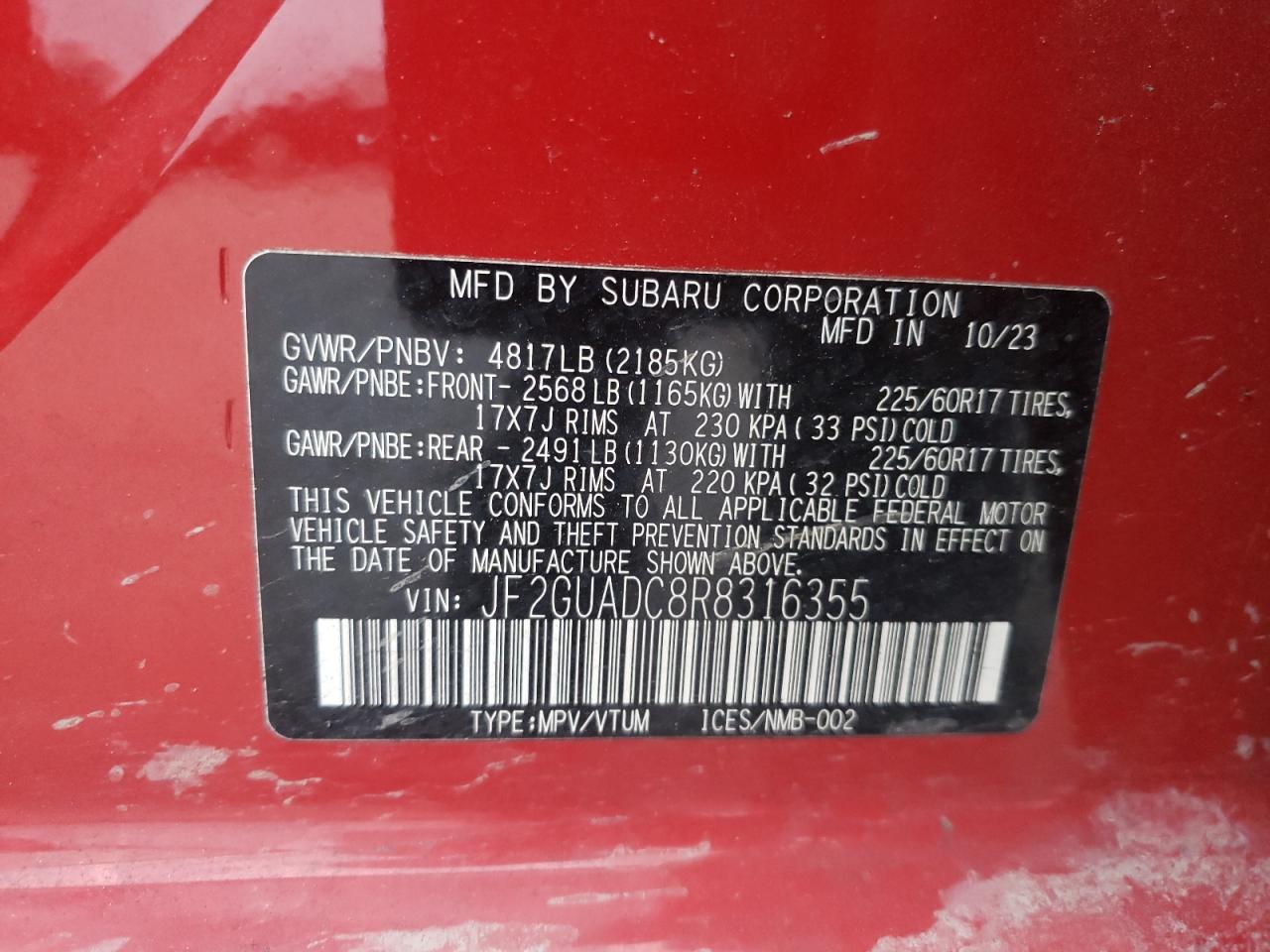 2024 SUBARU CROSSTREK PREMIUM VIN:JF2GUADC8R8316355