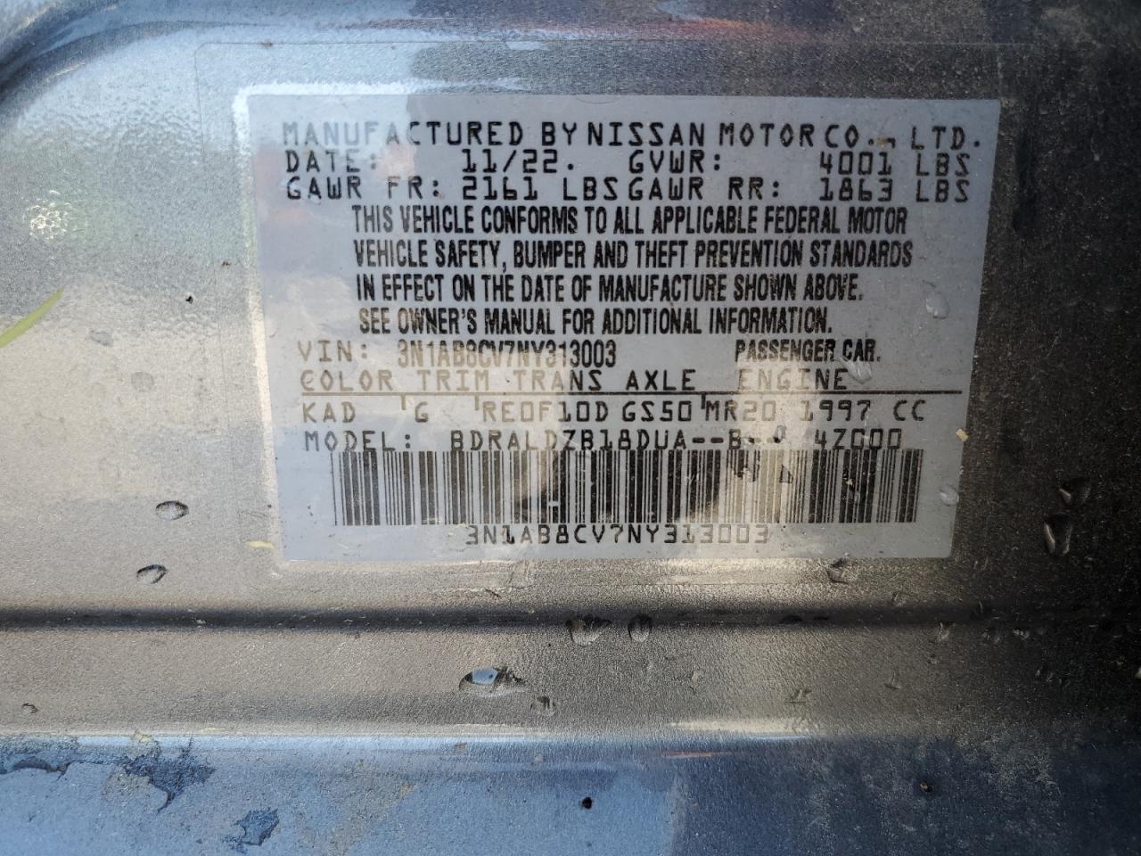 2022 NISSAN SENTRA SV VIN:3N1AB8CV7NY313003