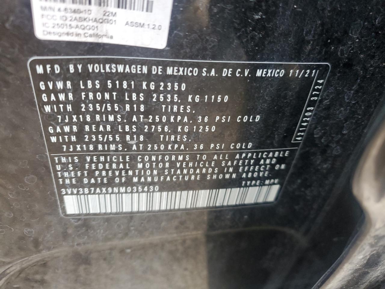2022 VOLKSWAGEN TIGUAN SE VIN:3VV3B7AX9NM035430