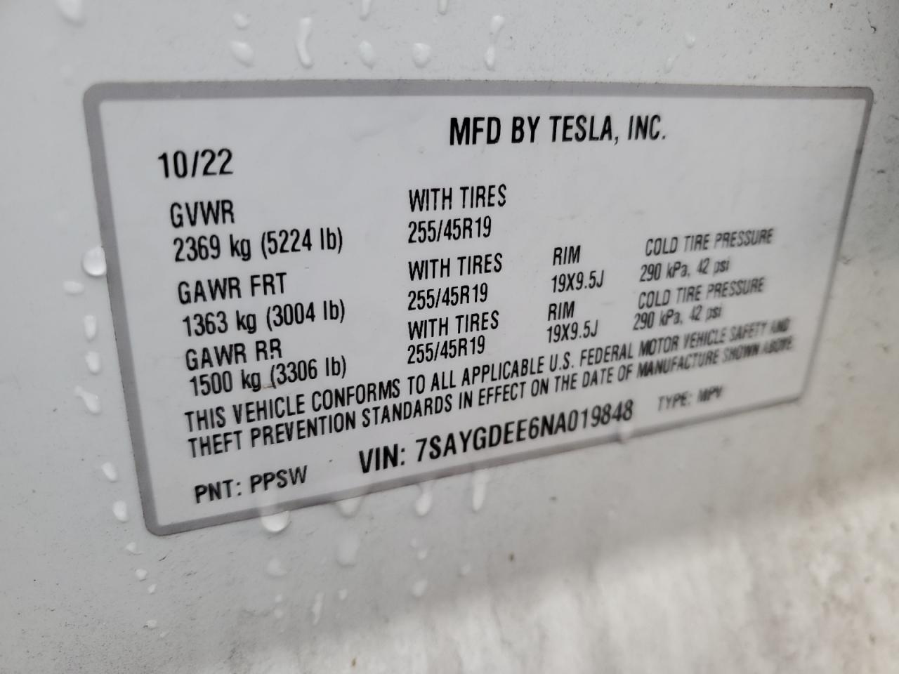 2022 TESLA MODEL Y VIN:7SAYGDEE6NA019848