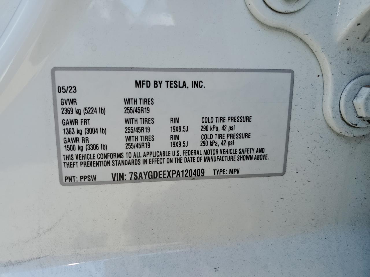 2023 TESLA MODEL Y VIN:7SAYGDEEXPA120409