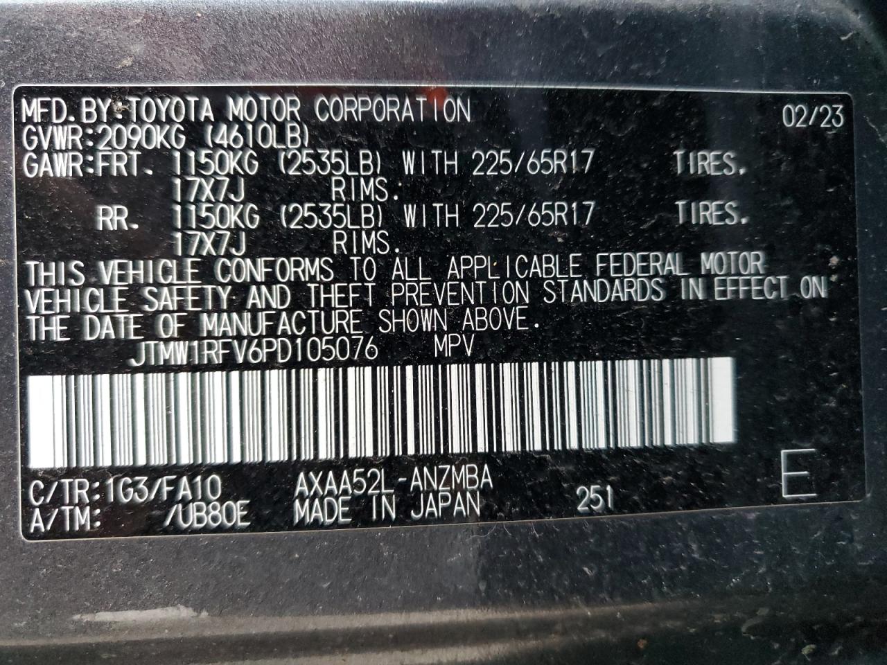 2023 TOYOTA RAV4 XLE VIN:JTMW1RFV6PD105076