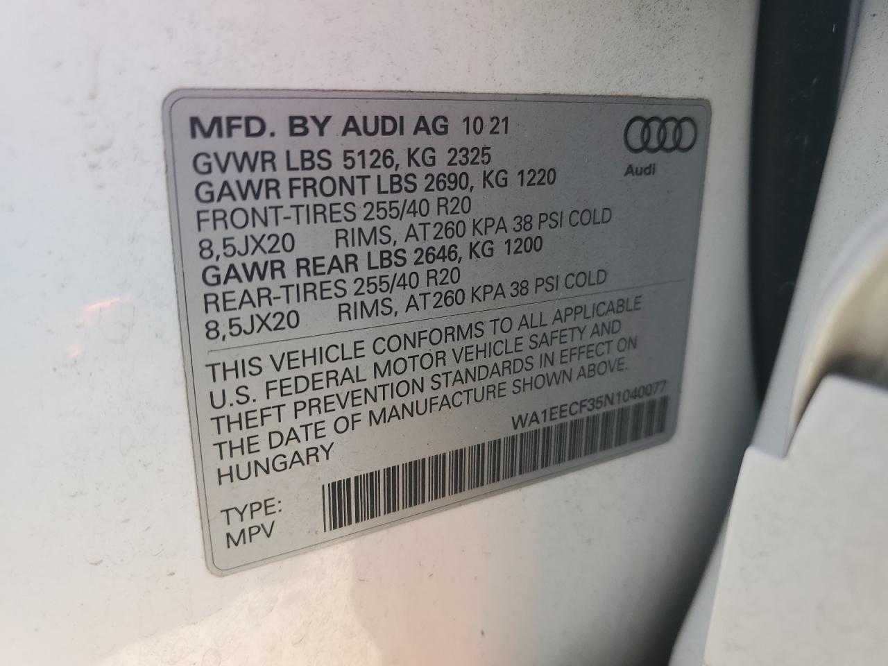 2022 AUDI Q3 PREMIUM PLUS S LINE 45 VIN:WA1EECF35N1040077