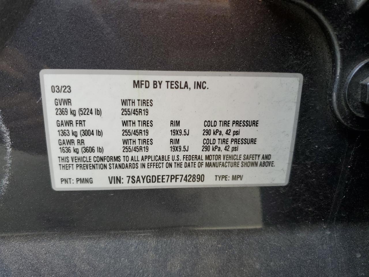 2023 TESLA MODEL Y VIN:7SAYGDEE7PF742890