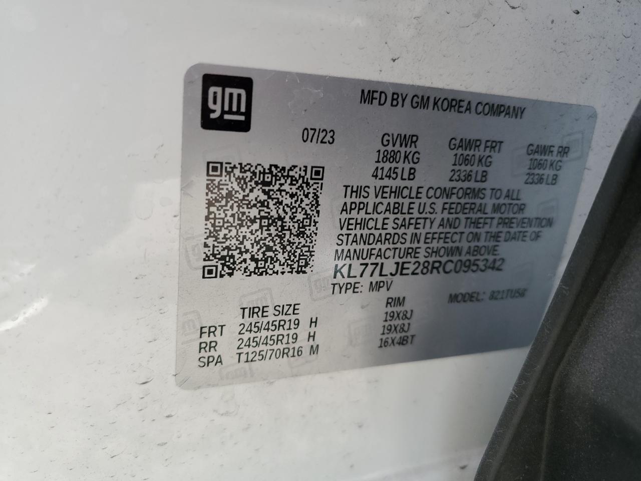 2024 CHEVROLET TRAX 2RS VIN:KL77LJE28RC095342