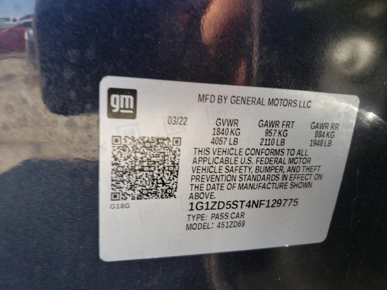 2022 CHEVROLET MALIBU LT VIN:1G1ZD5ST4NF129775