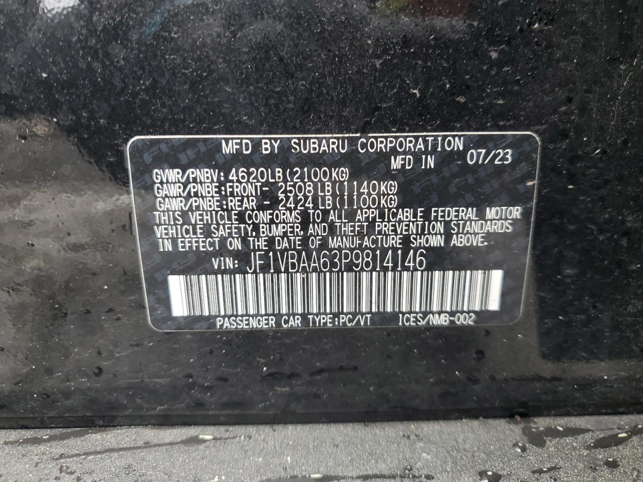 2023 SUBARU WRX VIN:JF1VBAA63P9814146