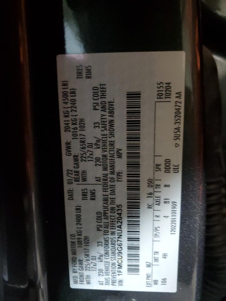 2022 FORD ESCAPE SE VIN:1FMCU9G67NUA20435