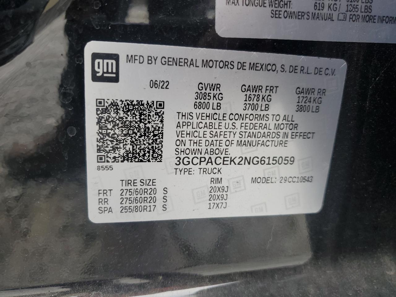 2022 CHEVROLET SILVERADO C1500 LT VIN:3GCPACEK2NG615059