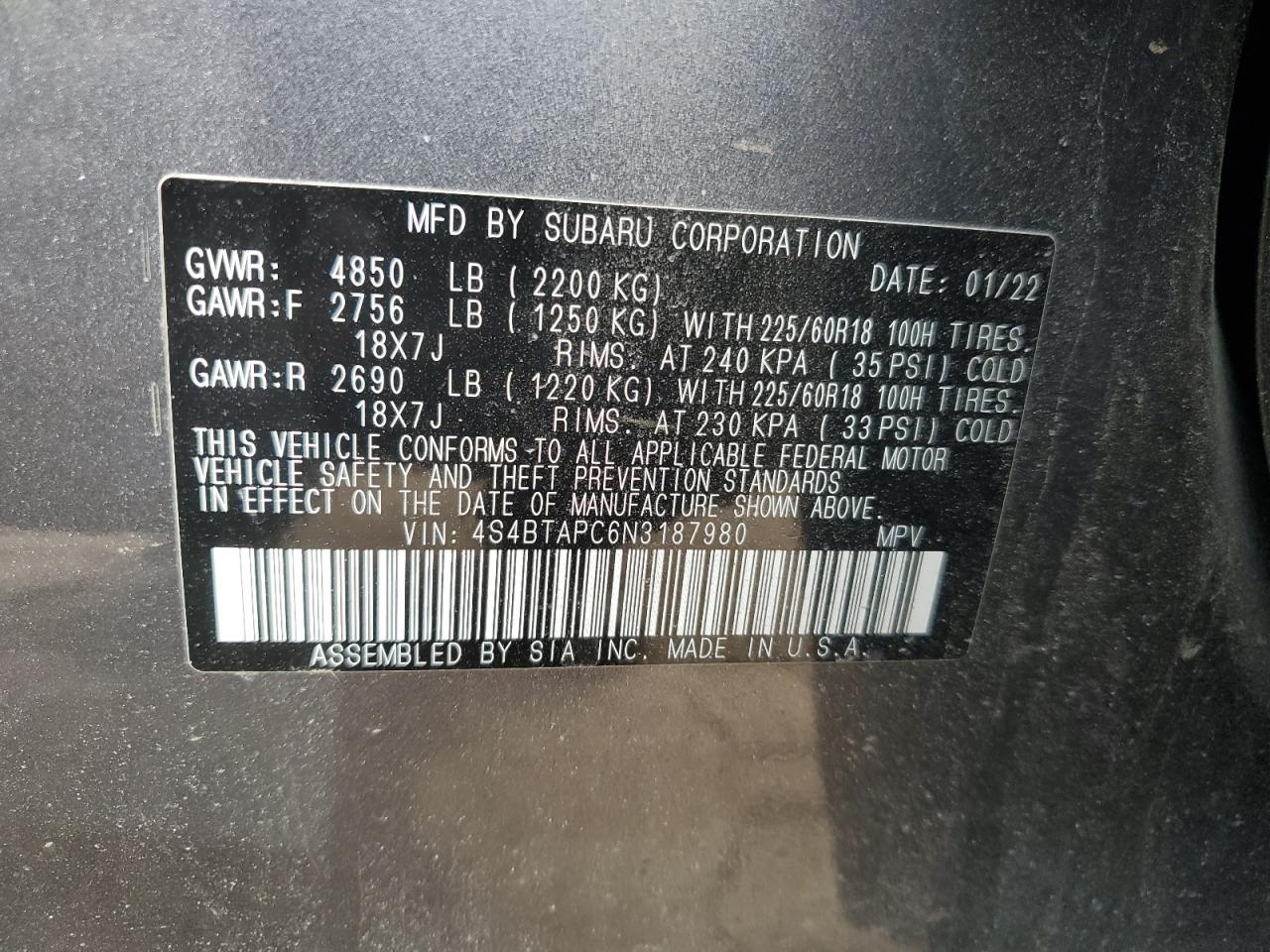 2022 SUBARU OUTBACK TOURING VIN:4S4BTAPC6N3187980