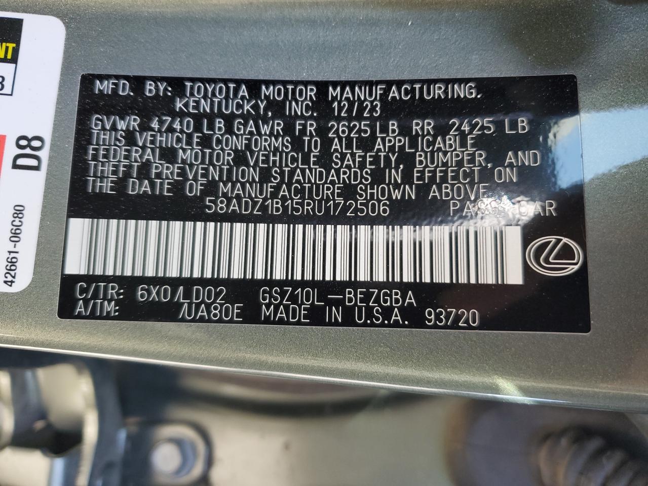 2024 LEXUS ES 350 BASE VIN:58ADZ1B15RU172506