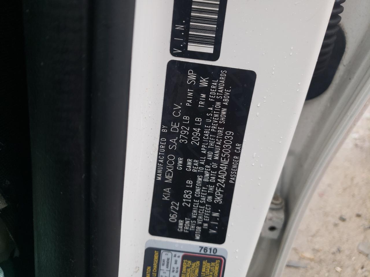 2022 KIA FORTE FE VIN:3KPF24AD4NE503039
